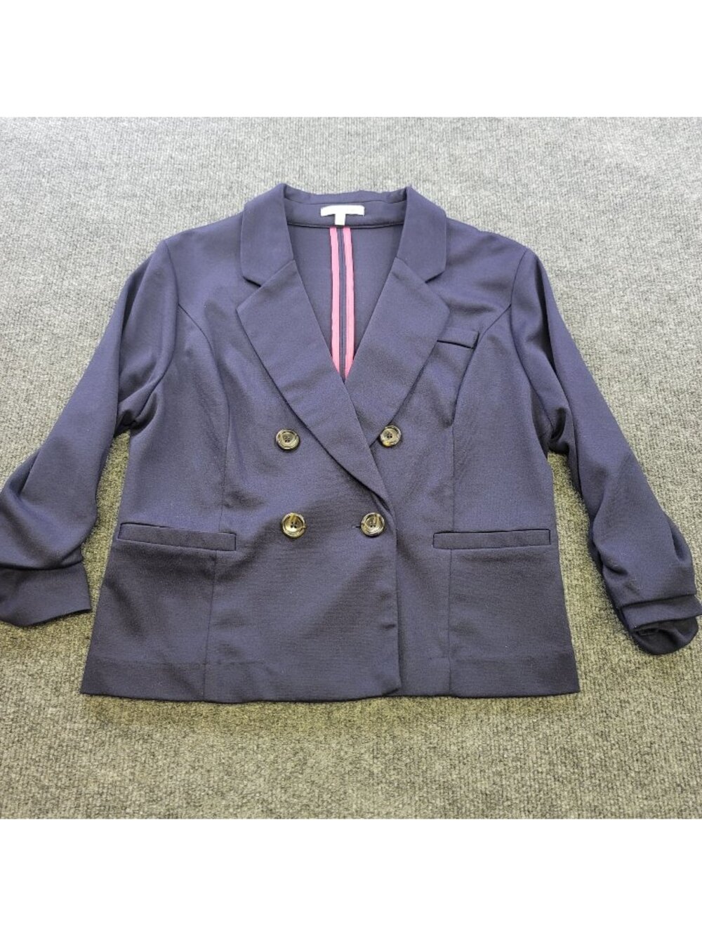 Charlotte Russe Double Breasted Blazer L Navy Ruched 3/4 Sleeves Capsule Office